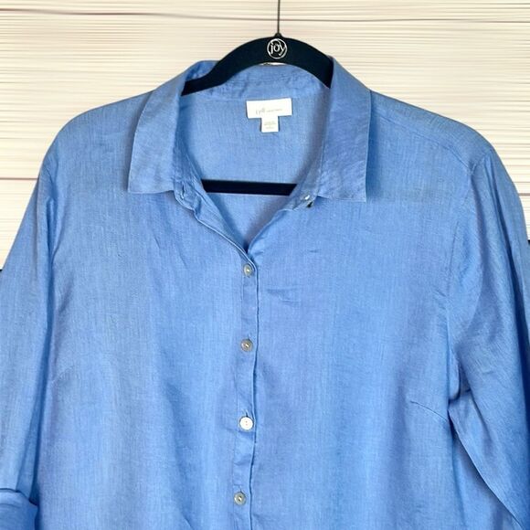 J. Jill Love Linen Blue Popover Tunic Shirt Tab-Sleeve Pockets Large Petite Lp - Picture 5 of 12